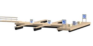 3D-skiss på Harbour® miljöbrygga som en kombinerad båtplats och mottagningsanordning