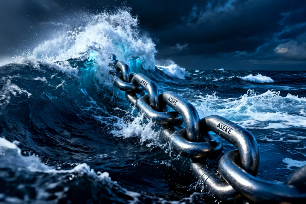 ASEKE™ varmgalvaniserad kätting i stormigt hav – symbol för styrka, hållfasthet och marin kvalitet från AlfaBryggan.