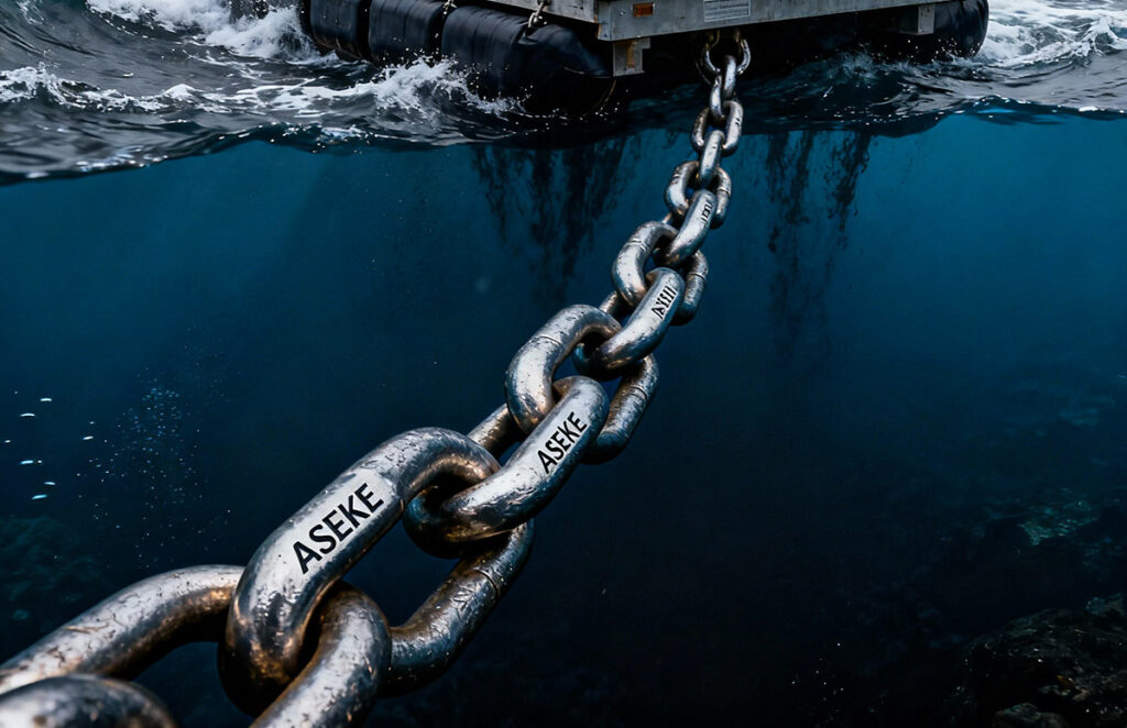 Rekommenderad produkt: ASEKE™ varmgalvaniserad kätting 16 mm – certifierad enligt DIN 763 / G40 och anpassad för flytbryggor.