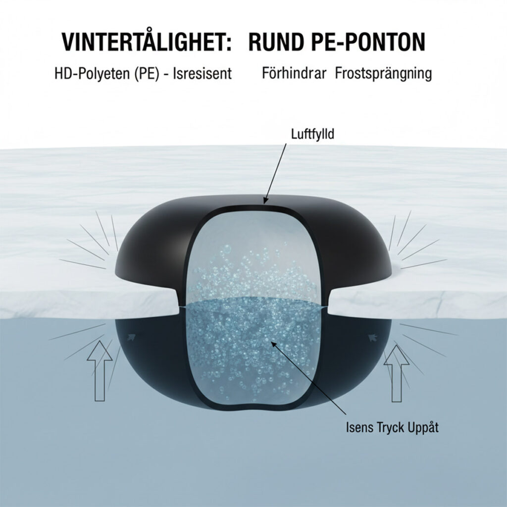 Illustration av en rund isresistent PE-ponton som förhindrar frostsprängning genom att isens tryck riktas uppåt.