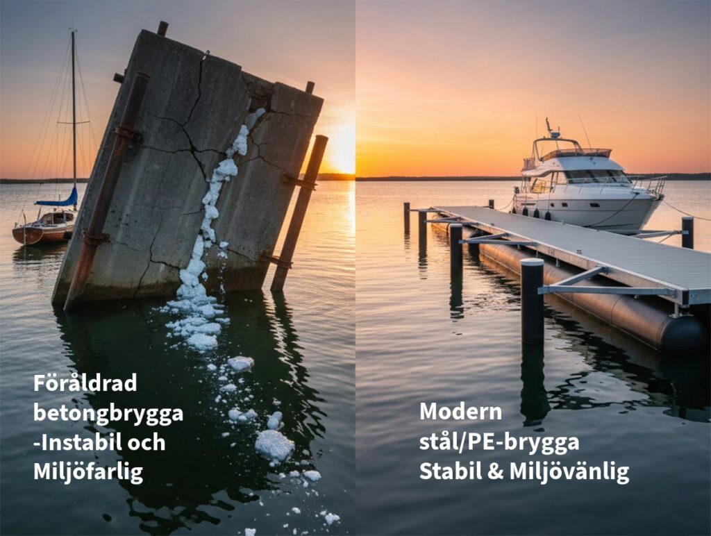 Jämförelse mellan en instabil, söndervittrad betongbrygga med exponerad cellplast och en modern, stabil flytbrygga med stålpontoner.