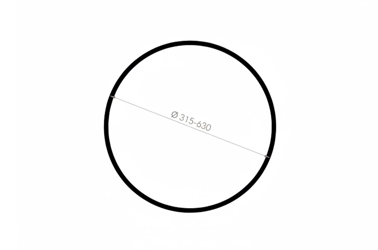 Svart cirkel som visar tvärsnitt av en rörponton med måttangivelse för diameter mellan 315 och 630 mm.