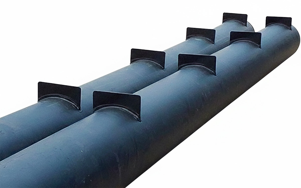 Svarta rörpontoner i HD-polyeten med spetsnos och fästöron för bygge av flotte.