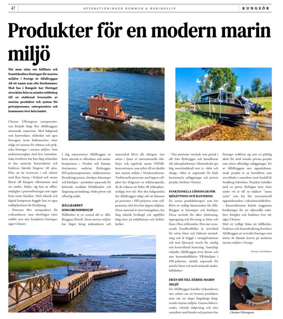 Artikel om AlfaBryggan i Kommun & Näringsliv om modern marin miljö, OSPAR, flytbryggor och båtslipar