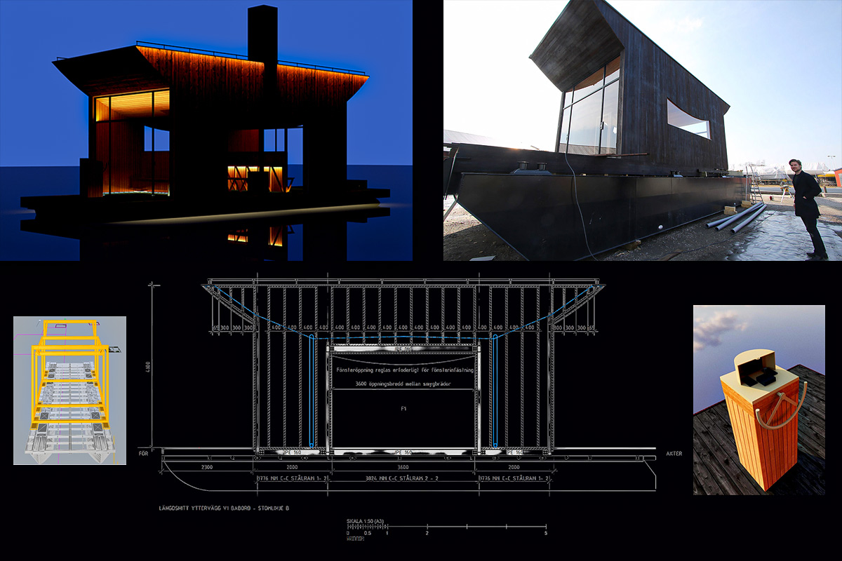 Arkitektdesignad bastuflotte på HD-polyetenpontoner med konstruktionsritningar och designkoncept.