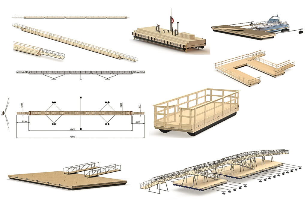 3D-ritningar av specialdesignade pontonlösningar: flytbryggor, landgångar, pontonflottar och marina konstruktioner.