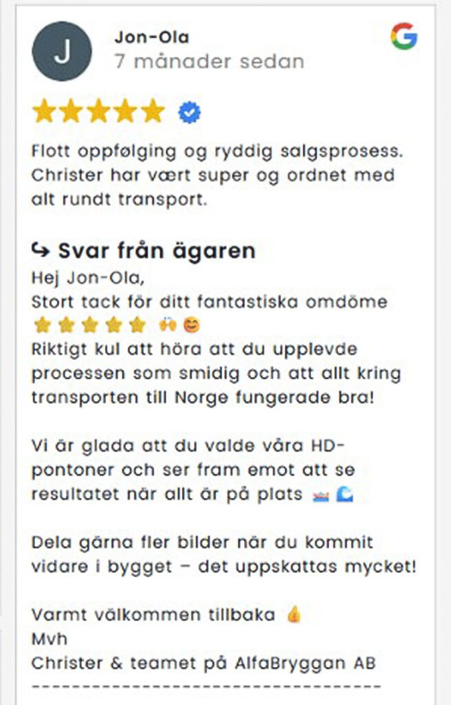Google-anmeldelse med fem stjerner fra norsk kunde som roser AlfaBryggan for god oppfølging og transport av HDPE-pontonger.